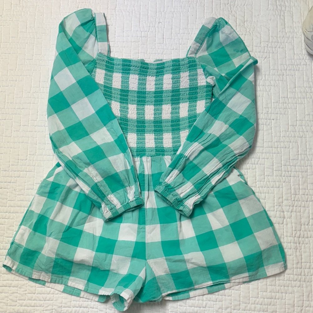 Janie and Jack Green Checkered Kids Romper